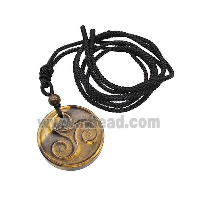 Tiger Eye Stone Triskelion Necklace Circle Black Nylon Rope