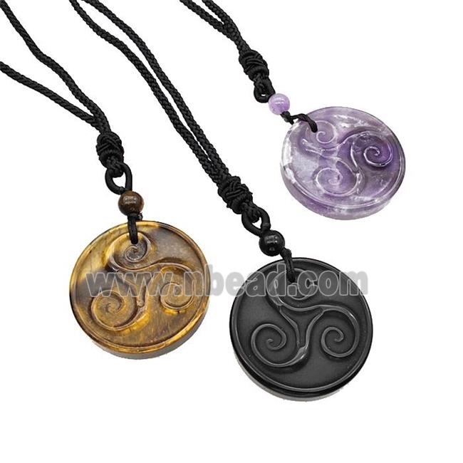 Natural Gemstone Triskelion Necklace Circle Black Nylon Cord Rope Mixed