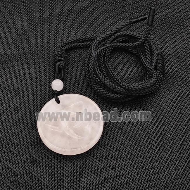 Natural Pink Rose Quartz Trinity Necklace Circle Black Nylon Rope