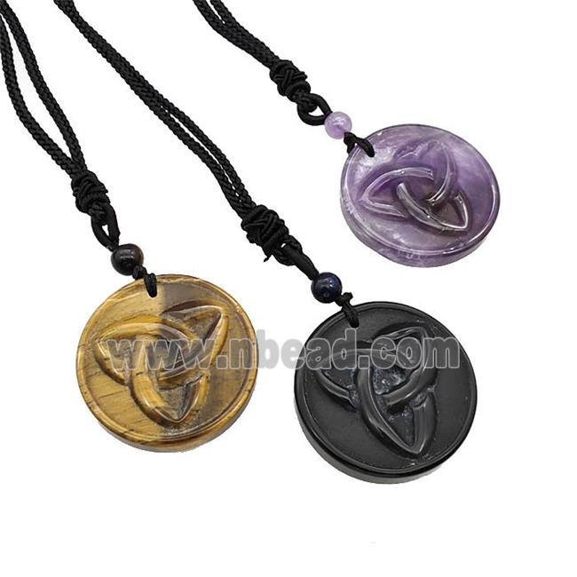 Natural Gemstone Trinity Necklace Circle Black Nylon Rope Cord Mixed