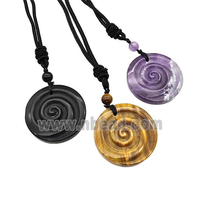 Natural Gemstone Spiral Necklace Circle Black Nylon Rope Cord Mixed