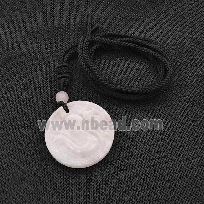 Natural Pink Rose Quartz Hinduism Necklace Circle Black Nylon Rope