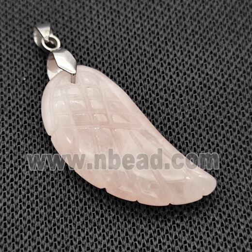 Natural Pink Rose Quartz Angel Wings Pendant Carved