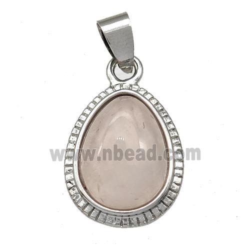 Natural Pink Rose Quartz Teardrop Pendant Platinum Plated