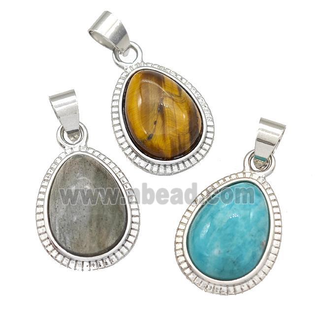 Naturel Gemstone Teardrop Pendant Platinum Plated Mixed