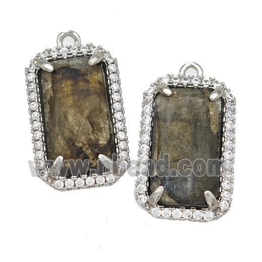 Natural Labradorite Rectangle Pendant Copper Pave Zircon Platinum Plated