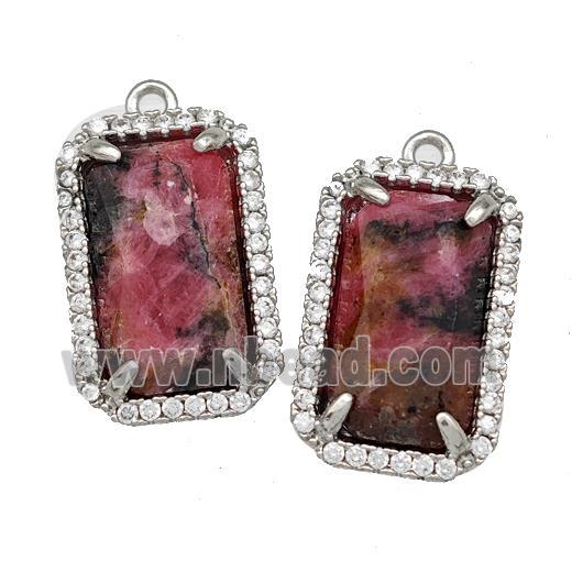 Red Rhodonite Rectangle Pendant Copper Pave Zircon Platinum Plated