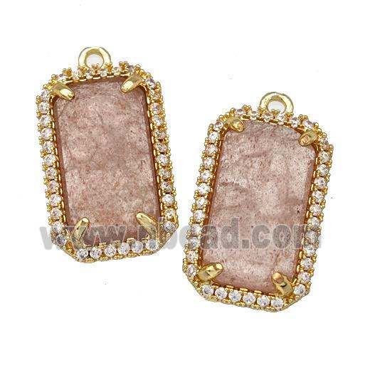 Pink Strawberry Quartz Rectangle Pendant Copper Pave Zircon Gold Plated