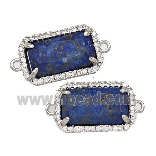 Natural Lapis Lazuli Rectangle Connector Copper Pave Zircon Platinum Plated