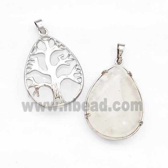 Clear Quartz Teardrop Pendant Tree Platinum Plated