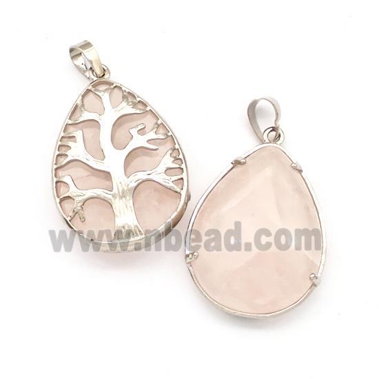 Natural Pink Rose Quartz Teardrop Pendant Tree Platinum Plated