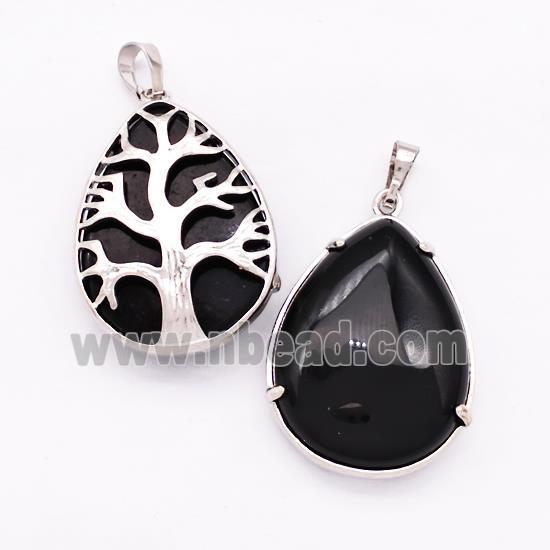 Natural Black Onyx Agate Teardrop Pendant Tree Platinum Plated