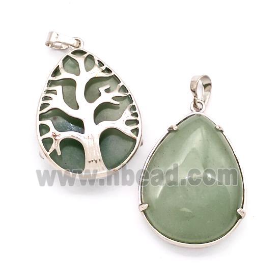 Natural Green Aventurine Teardrop Pendant Tree Platinum Plated