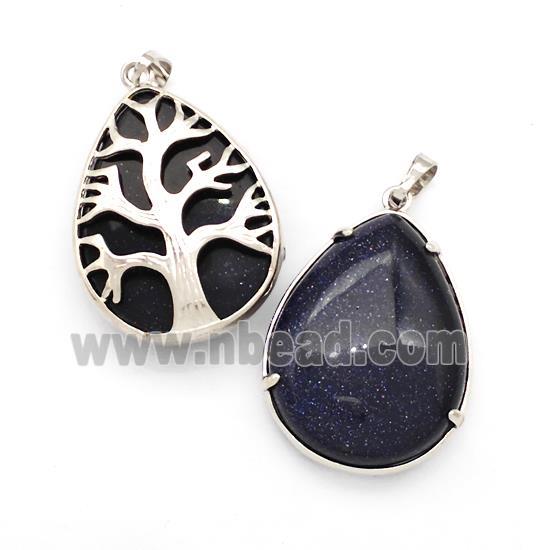 Blue Sandstone Teardrop Pendant Tree Platinum Plated