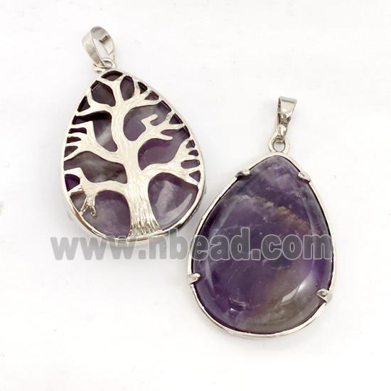 Natural Purple Amethyst Teardrop Pendant Tree Platinum Plated