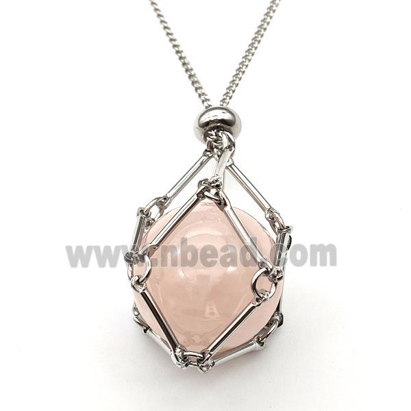 Natural Pink Rose Quartz Necklace Platinum Plated