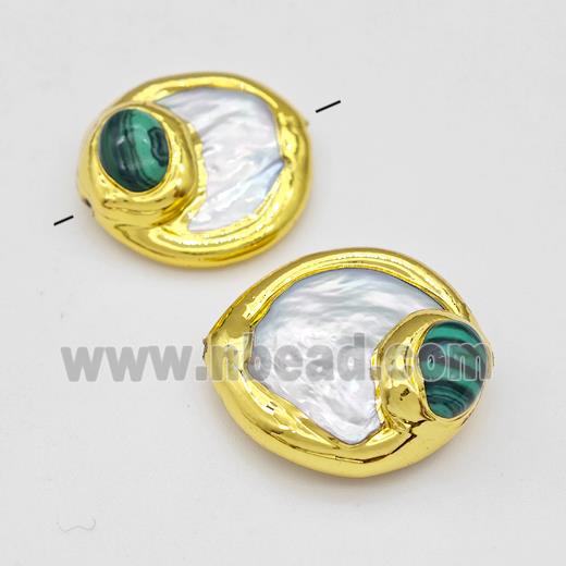 White Pearl Coin Beads With Synthetic Malachite Gold Plated