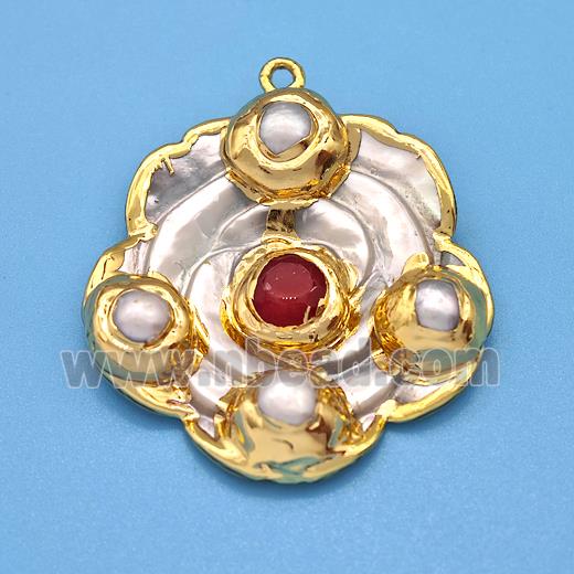 Pearlized Shell Flower Pendant With Pearl Gold Plated