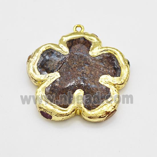 Natural Bronzite Flower Pendant Gold Plated