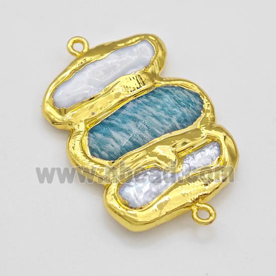 Natural Green Amazonite And Pearl Connector Stick Gold Plated