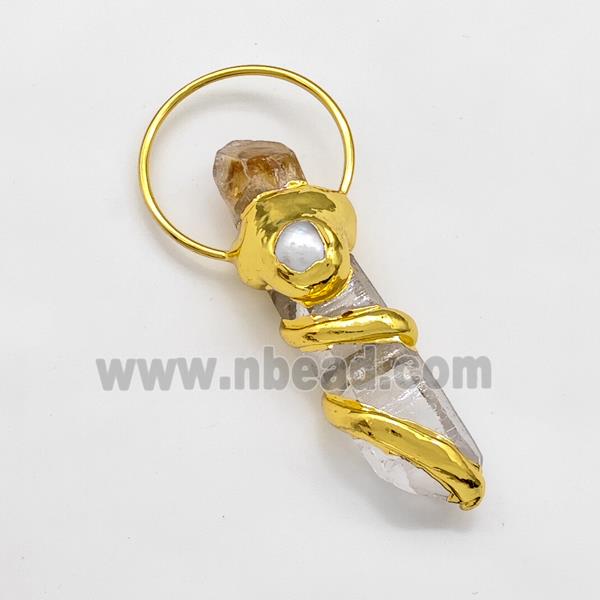 Natural Clear Crystal Quartz Stick Pendant With Pearl Citrine Gold Plated