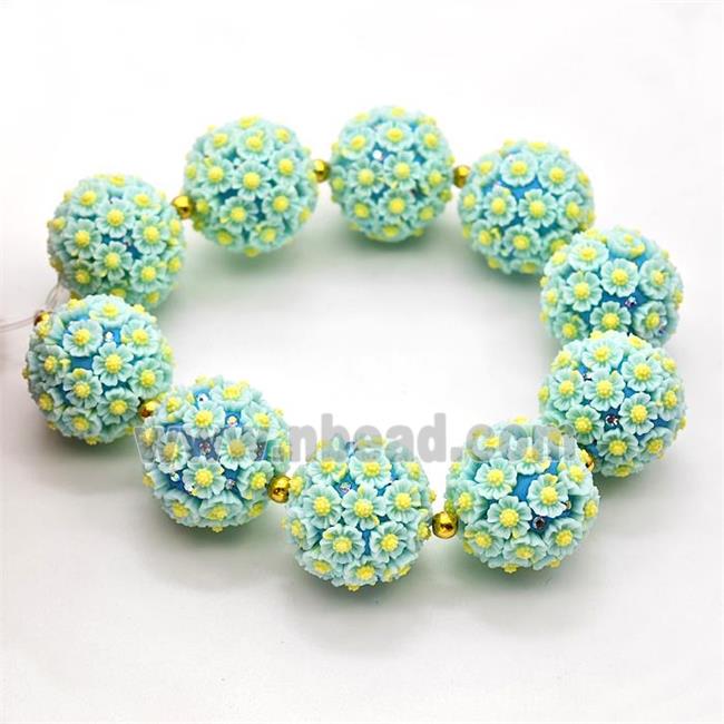 Resin Round Beads Pave Rhinestone Flower Blue