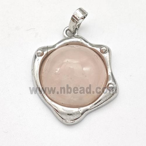 Rose Quartz Pendant Half Round Platinum Plated