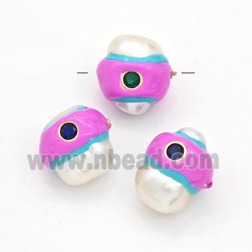 Natural White Pearl Potato Beads Pave Zirconia Hotpink Enamel