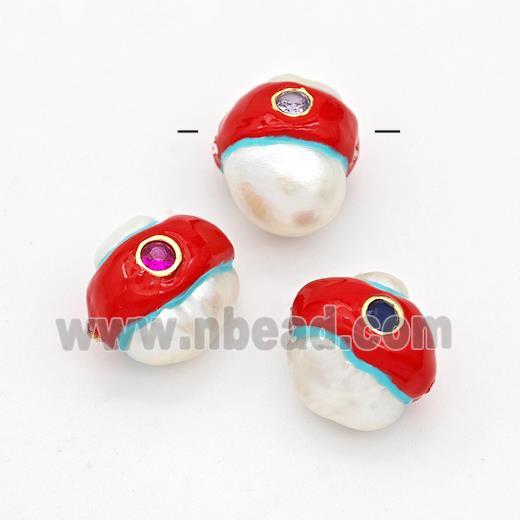 Natural White Pearl Potato Beads Pave Zirconia Red Enamel