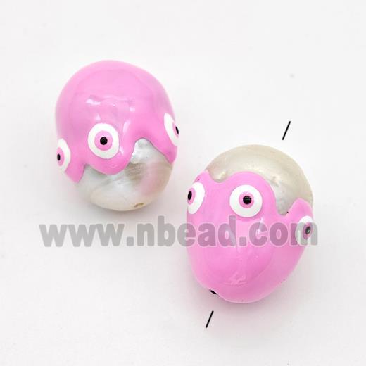 White Pearl Potato Beads Pink Enamel Evil Eye