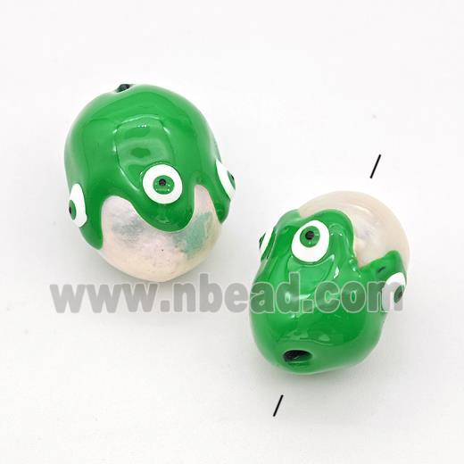 White Pearl Potato Beads Green Enamel Evil Eye