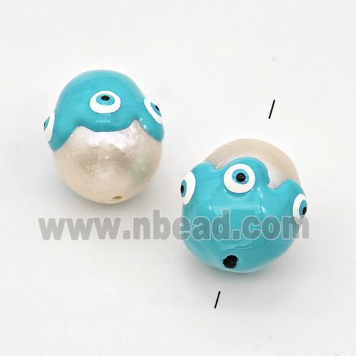 White Pearl Potato Beads Teal Enamel Evil Eye