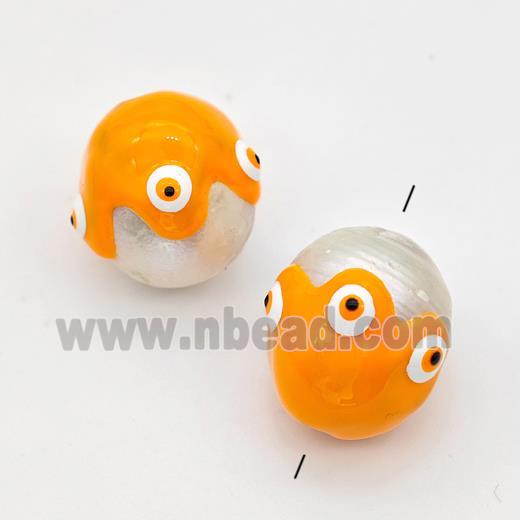 White Pearl Potato Beads Orange Enamel Evil Eye