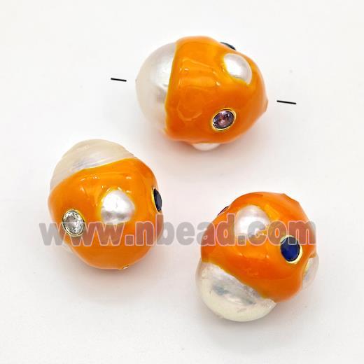 White Pearl Potato Beads Pave Zirconia Orange Enamel