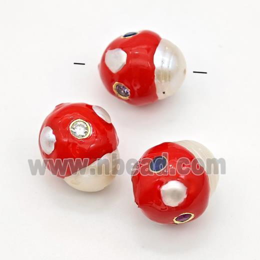 White Pearl Potato Beads Pave Zirconia Red Enamel