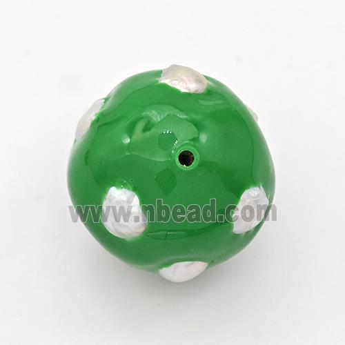 Clay Round Beads Pave Pearl Green Enamel