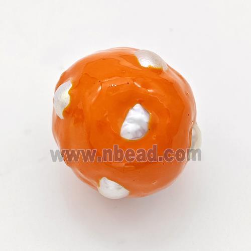 Clay Round Beads Pave Pearl Orange Enamel