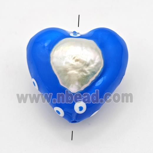 Clay Heart Beads Pave Pearl Blue Enamel