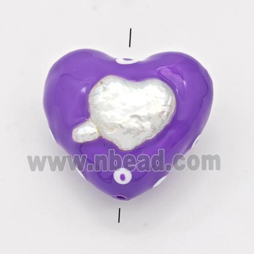 Clay Heart Beads Pave Pearl Purple Enamel