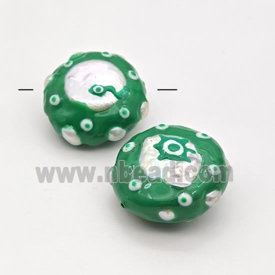 Baroque Style Pearl Coin Beads Green Enamel Evil Eye