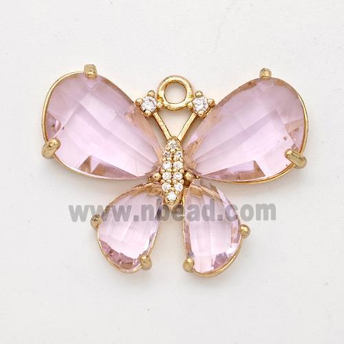 Pink Crystal Glass Copper Butterfly Pendant Pave Zirconia Gold Plated