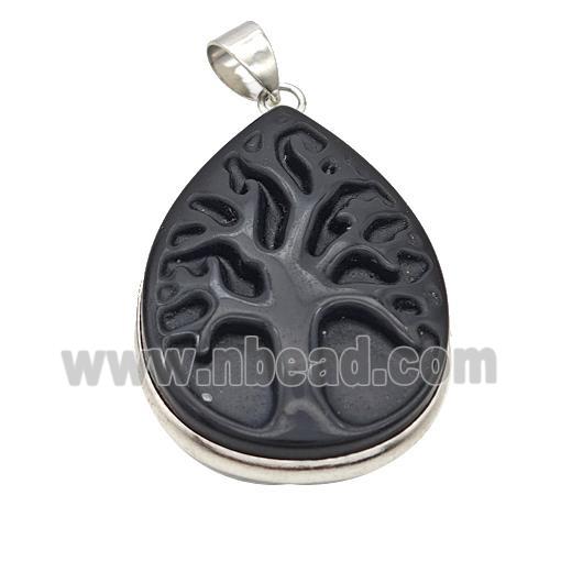 Natural Black Obsidian Tree Pendant Carved