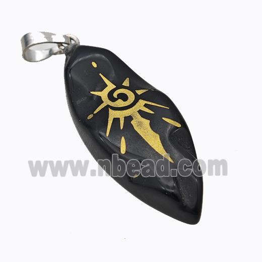 Natural Black Obsidian Leaf Pendant Sun Golden Painted