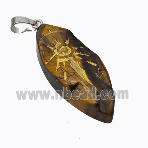 Natural Tiger Eye Stone Leaf Pendant Sun Golden Painted