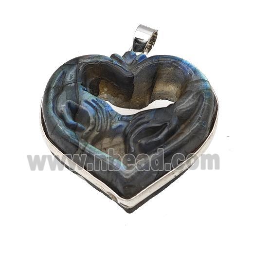 Natural Labradorite Heart Hand Pendant Carved