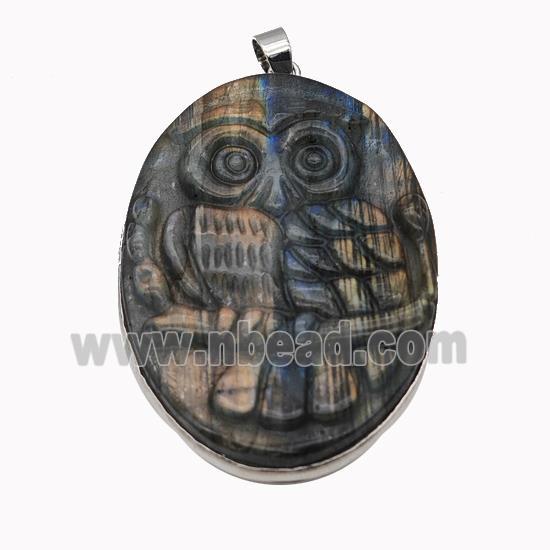 Natural Labradorite Owl Pendant Carved