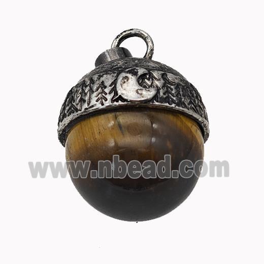 Natural Tiger Eye Stone Sphere Pendant Alloy Antique Silver