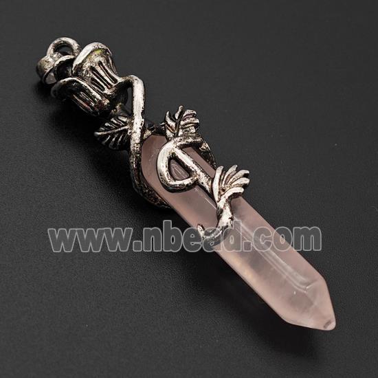 Natural Pink Rose Quartz Prism Pendant Alloy Bine Antique Silver