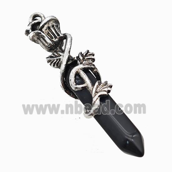 Natural Black Obsidian Prism Pendant Alloy Bine Antique Silver