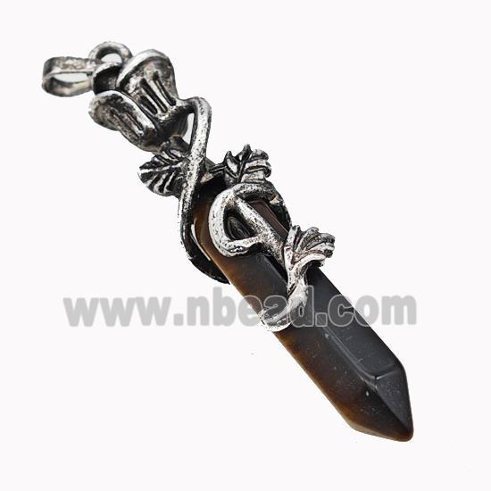 Natural Tiger Eye Stone Prism Pendant Alloy Bine Antique Silver